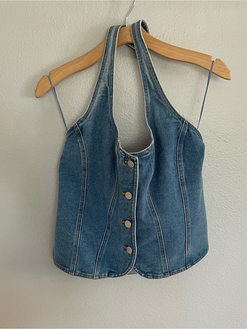 Mare Mare Halter Shrunken Denim Halter Tube Denim Top - Medium Wash Blue